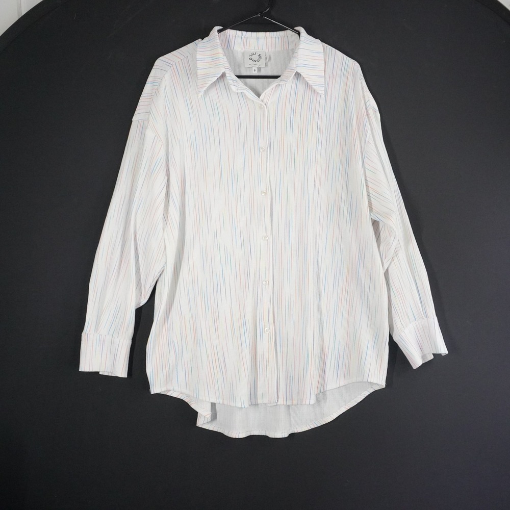 LILI Sidonio White Rainbow Stripe‎ Textured Button Up Long Sleeve Shirt Size S